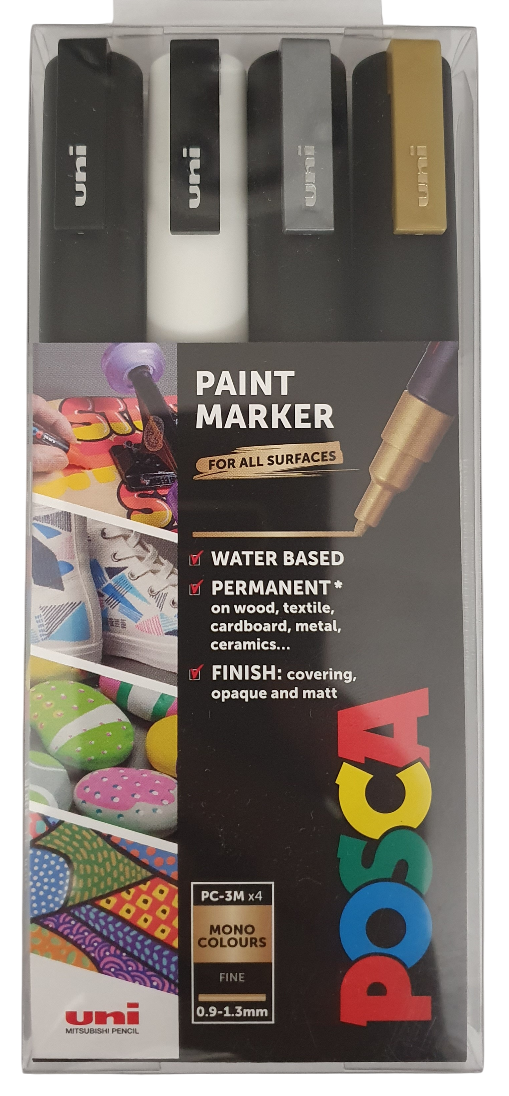 Posca Paint Markers PC-3M Gold/Silver /Black/White 4pk