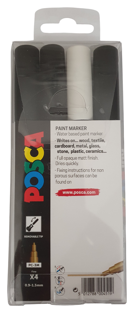 Posca Paint Markers PC-3M Gold/Silver /Black/White 4pk