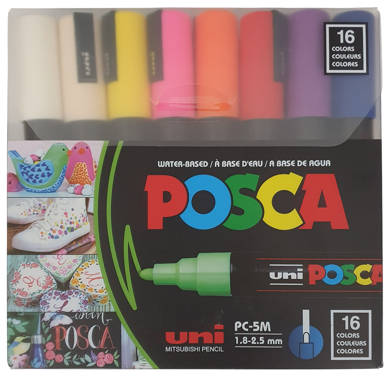 Posca PC-5M Water Based Permanent Marker Paint Art Pens – Full Spectrum Set of 16 - in Plastic Gift Wallet