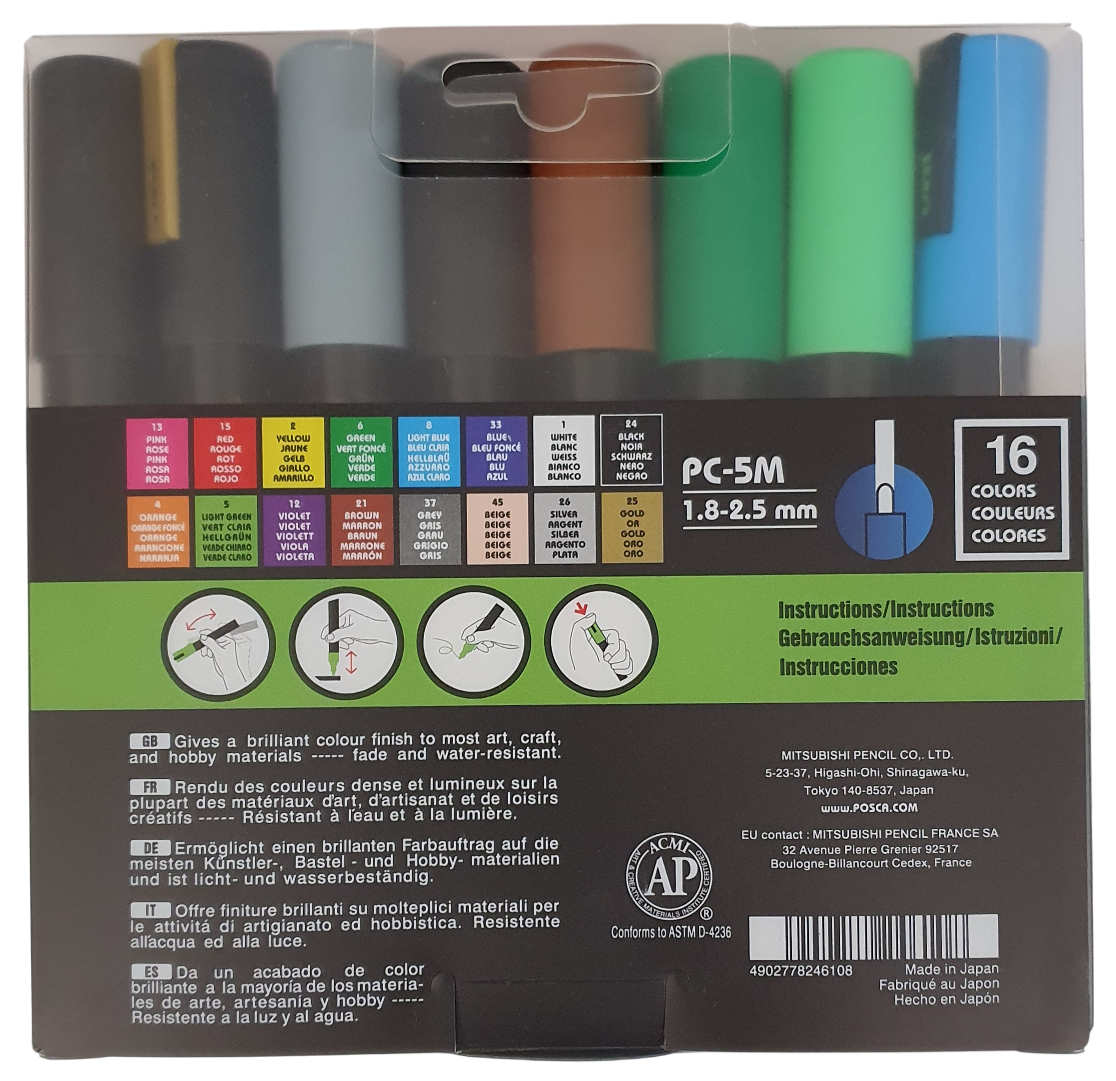 Posca PC-5M Water Based Permanent Marker Paint Art Pens – Full Spectrum Set of 16 - in Plastic Gift Wallet