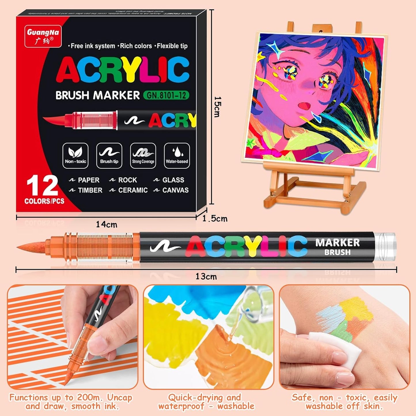Acrylic Paint Brush Marker Pens (Guangna) 12 Colors Set, Ideal for Rock Painting, Canvas, Wood, Stone, Egg and DIY Crafts