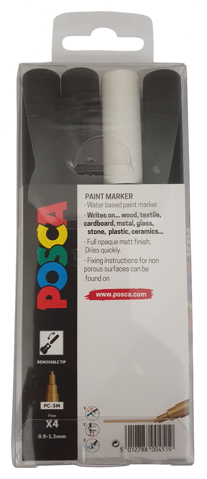 Posca Paint Markers PC-3M Gold/Silver /Black/White 4pk