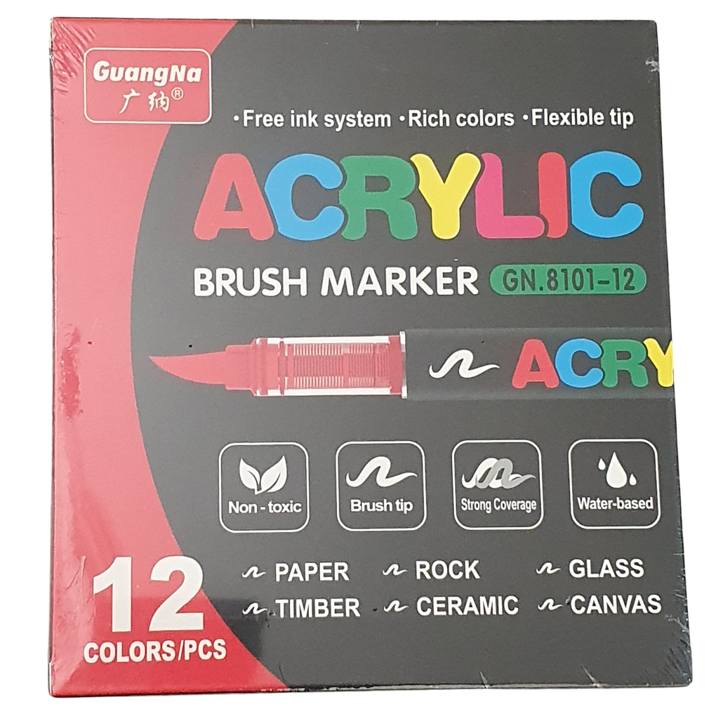 Acrylic Paint Brush Marker Pens (Guangna) 12 Colors Set, Ideal for Rock Painting, Canvas, Wood, Stone, Egg and DIY Crafts