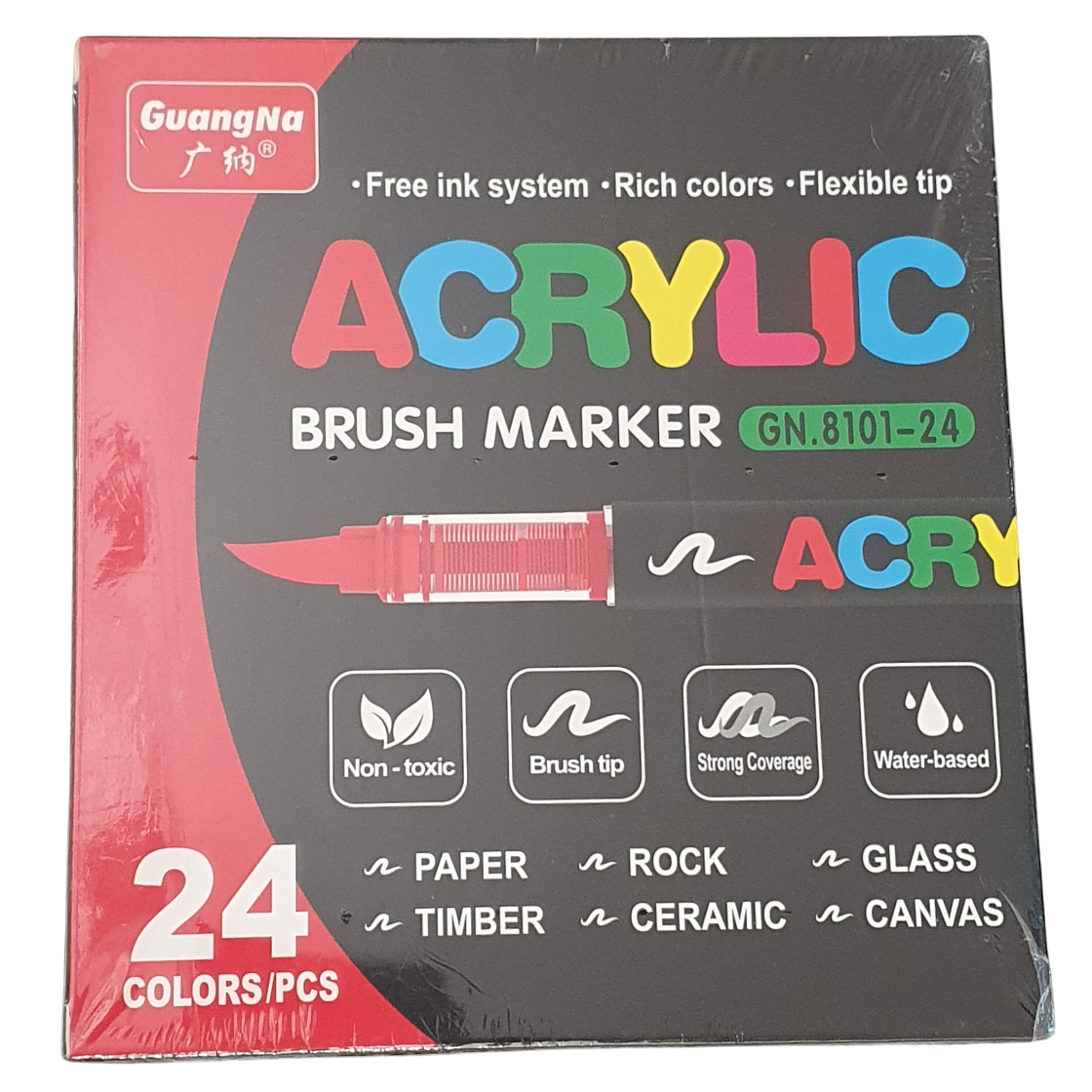 Acrylic Paint Brush Marker Pens (Guangna) 24 Colors Set, Ideal for Rock Painting, Canvas, Wood, Stone, Egg and DIY Crafts