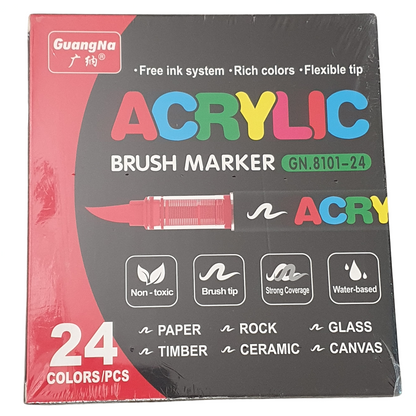 Acrylic Paint Brush Marker Pens (Guangna) 24 Colors Set, Ideal for Rock Painting, Canvas, Wood, Stone, Egg and DIY Crafts