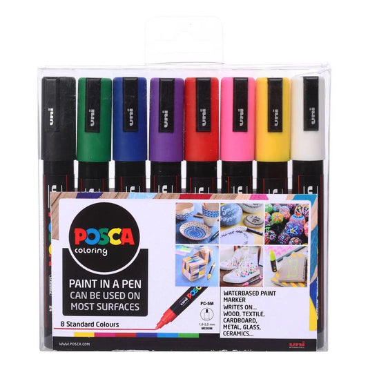 Posca PC-5M Marker Pens Starter Set 8 Pack - Ideal for Rock Painting, Canvas, Glass, Wood, Metal, Fabric, Colouring, Arts and Crafts