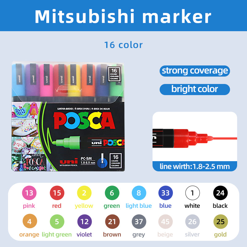Posca PC-5M Water Based Permanent Marker Paint Art Pens - 1.8-2.5mm – Full Spectrum Set of 16 - in Plastic Gift Wallet - Ideal for Rock Painting, Canvas, Glass, Wood, Metal, Fabric, Colouring, Arts and Crafts