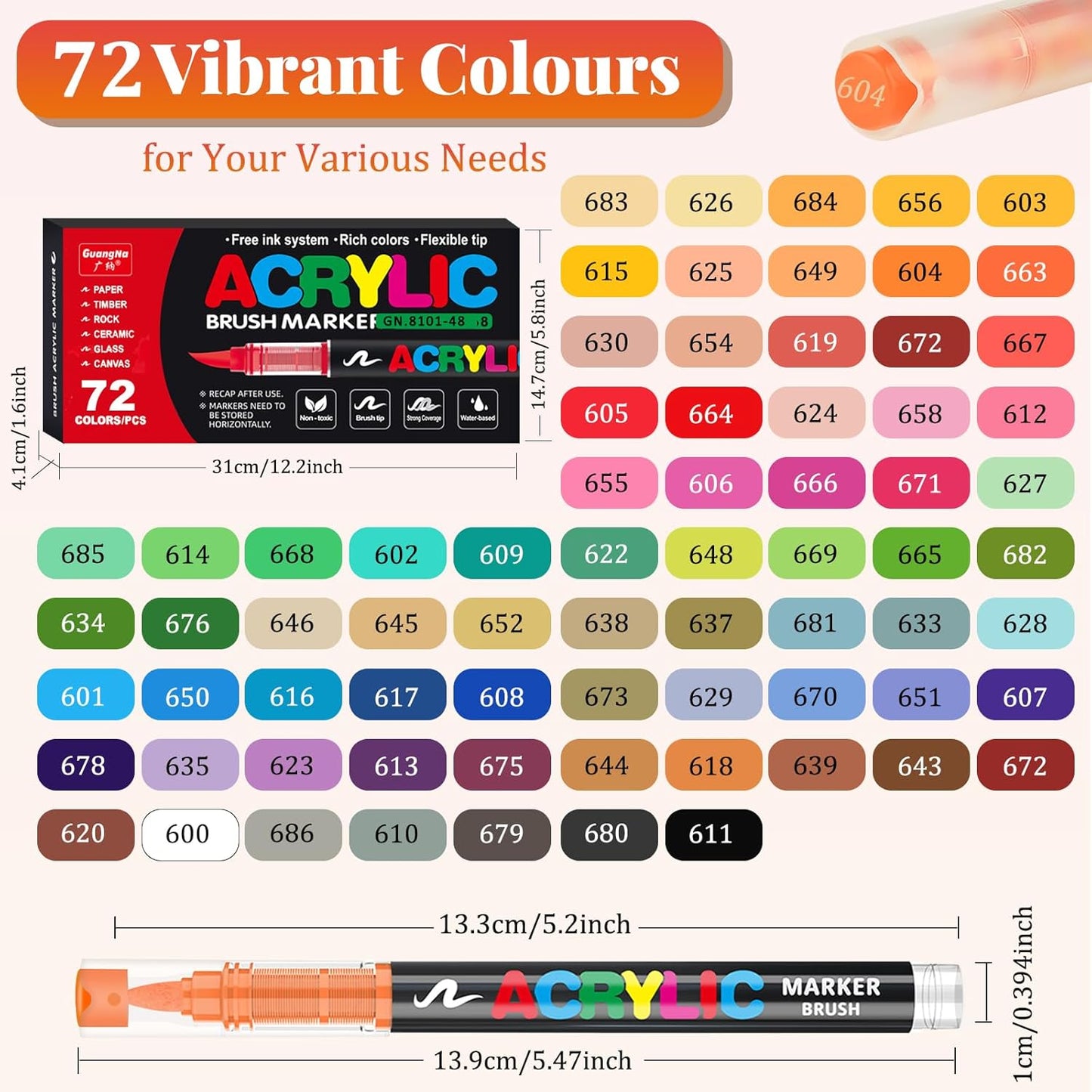 Acrylic Paint Brush Marker Pens (Guangna) 72 Colors Set, Ideal for Rock Painting, Canvas, Wood, Stone, Egg and DIY Crafts