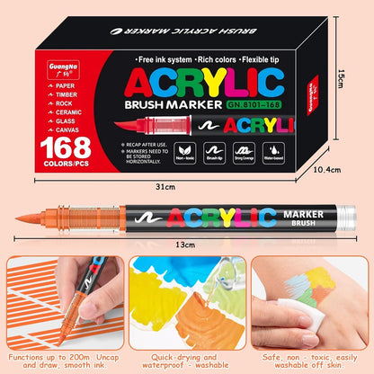 Acrylic Paint Brush Marker Pens (Guangna) 168 Colors Set, Ideal for Rock Painting, Canvas, Wood, Stone, Egg and DIY Crafts