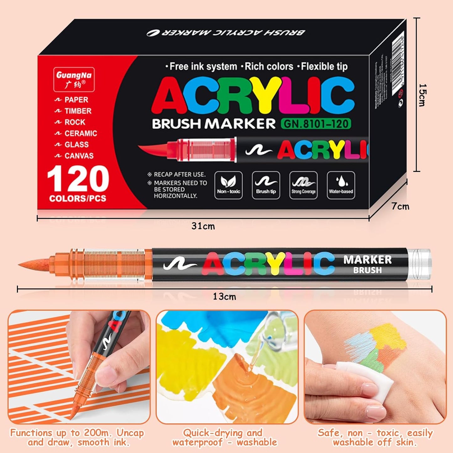Acrylic Paint Brush Marker Pens (Guangna) 120 Colors Set, Ideal for Rock Painting, Canvas, Wood, Stone, Egg and DIY Crafts