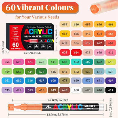 Acrylic Paint Brush Marker Pens (Guangna) 60 Colors Set, Ideal for Rock Painting, Canvas, Wood, Stone, Egg and DIY Crafts
