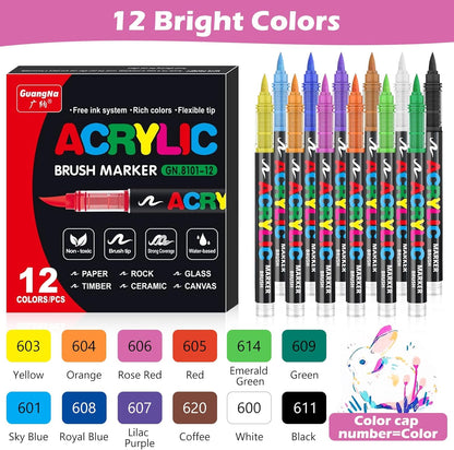 Acrylic Paint Brush Marker Pens (Guangna) 12 Colors Set, Ideal for Rock Painting, Canvas, Wood, Stone, Egg and DIY Crafts