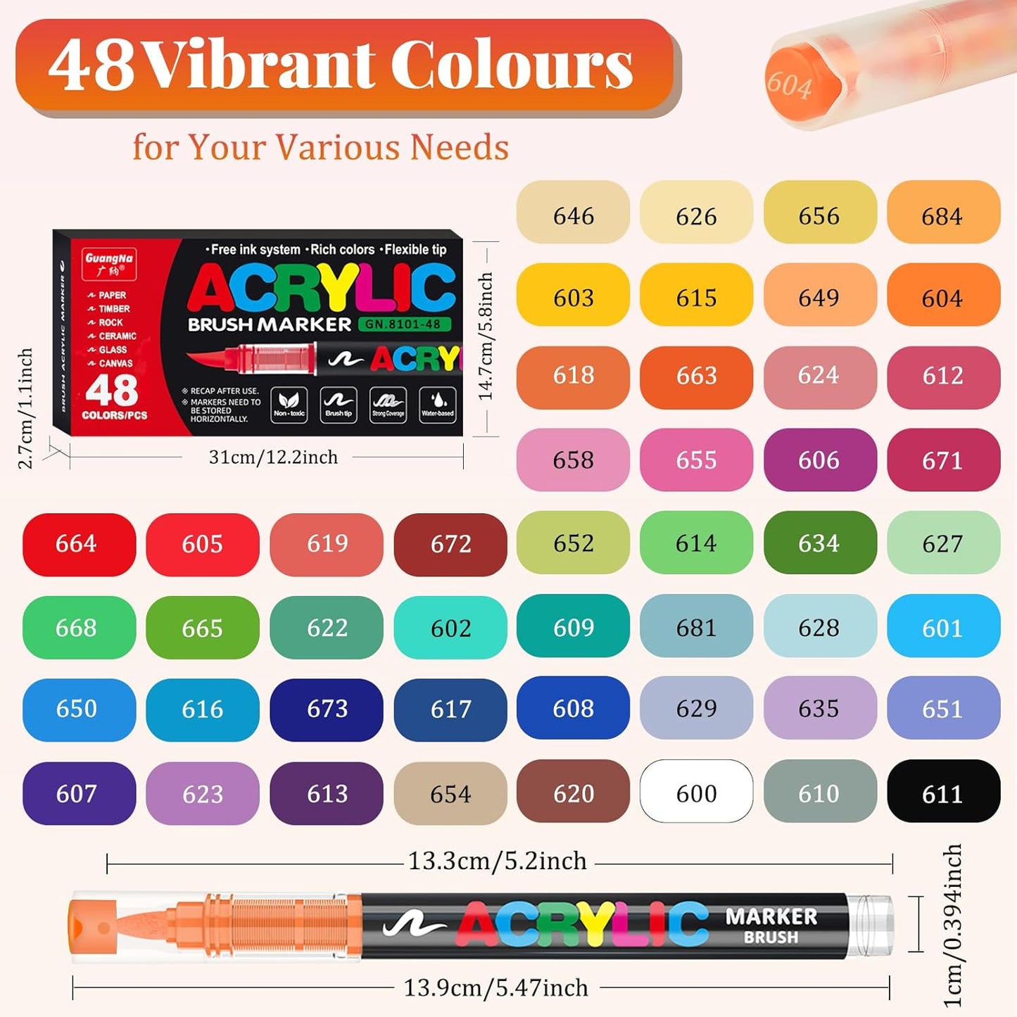 Acrylic Paint Brush Marker Pens (Guangna) 48 Colors Set, Ideal for Rock Painting, Canvas, Wood, Stone, Egg and DIY Crafts