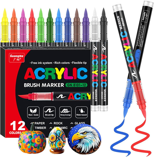 Acrylic Paint Brush Marker Pens (Guangna) 12 Colors Set, Ideal for Rock Painting, Canvas, Wood, Stone, Egg and DIY Crafts