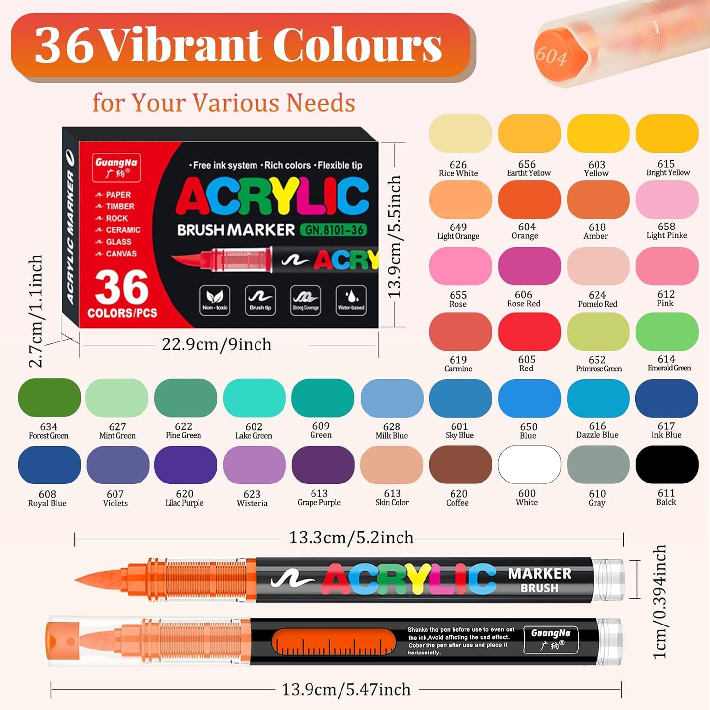 Acrylic Paint Brush Marker Pens (Guangna) 36 Colors Set, Ideal for Rock Painting, Canvas, Wood, Stone, Egg and DIY Crafts