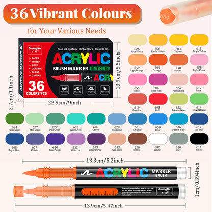 Acrylic Paint Brush Marker Pens (Guangna) 36 Colors Set, Ideal for Rock Painting, Canvas, Wood, Stone, Egg and DIY Crafts