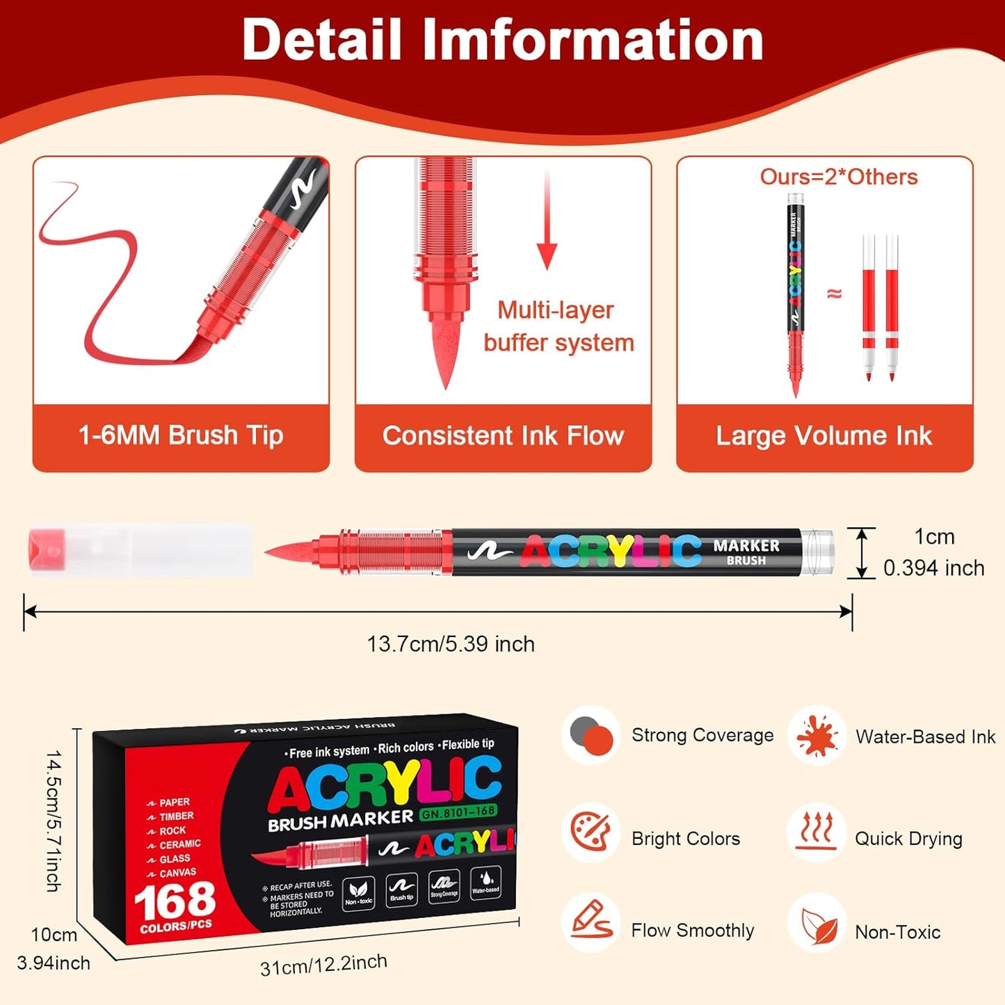 Acrylic Paint Brush Marker Pens (Guangna) 168 Colors Set, Ideal for Rock Painting, Canvas, Wood, Stone, Egg and DIY Crafts