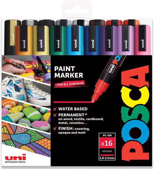 Posca PC-5M Water Based Permanent Marker Paint Art Pens - 1.8-2.5mm – Full Spectrum Set of 16 - in Plastic Gift Wallet - Ideal for Rock Painting, Canvas, Glass, Wood, Metal, Fabric, Colouring, Arts and Crafts