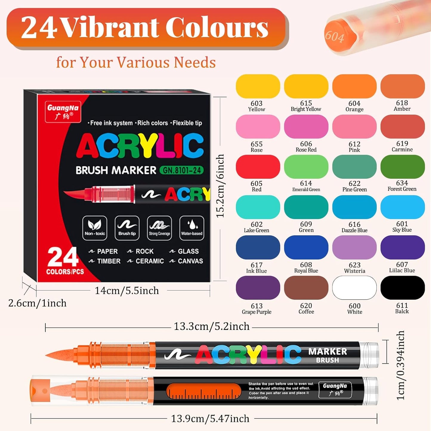 Acrylic Paint Brush Marker Pens (Guangna) 24 Colors Set, Ideal for Rock Painting, Canvas, Wood, Stone, Egg and DIY Crafts