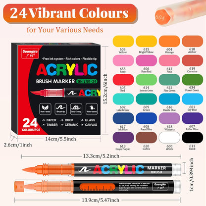 Acrylic Paint Brush Marker Pens (Guangna) 24 Colors Set, Ideal for Rock Painting, Canvas, Wood, Stone, Egg and DIY Crafts