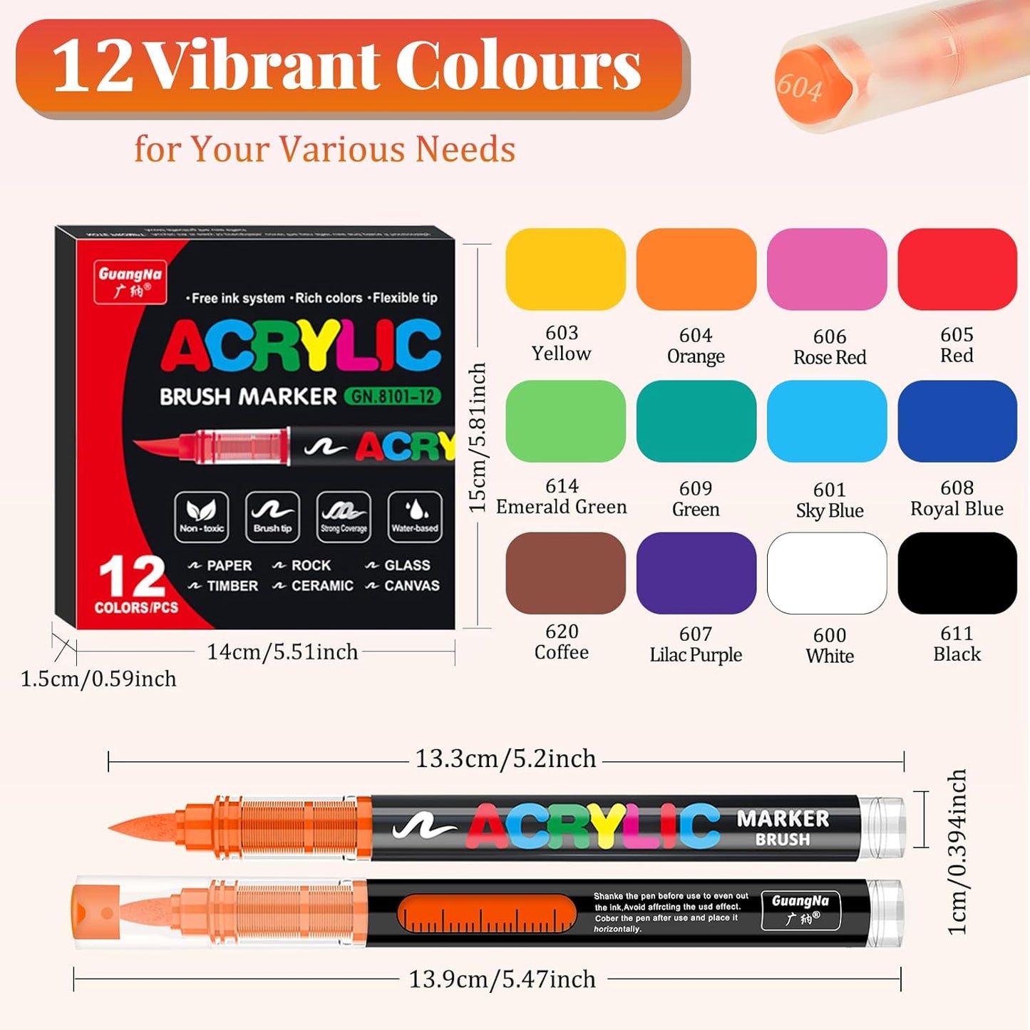 Acrylic Paint Brush Marker Pens (Guangna) 12 Colors Set, Ideal for Rock Painting, Canvas, Wood, Stone, Egg and DIY Crafts
