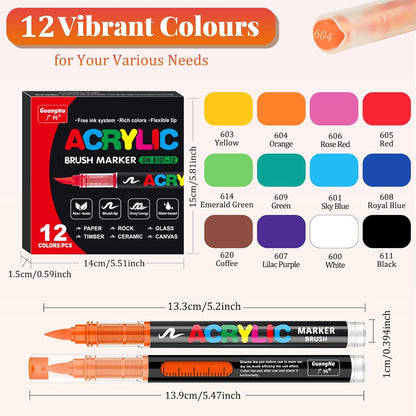 Acrylic Paint Brush Marker Pens (Guangna) 12 Colors Set, Ideal for Rock Painting, Canvas, Wood, Stone, Egg and DIY Crafts