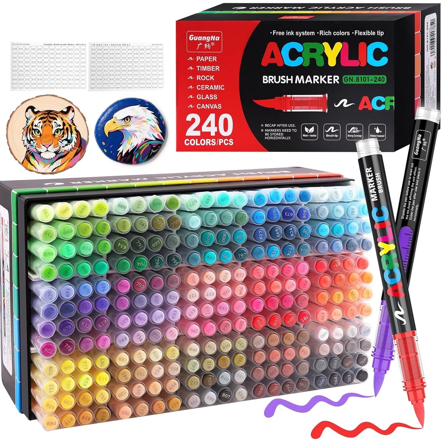 Acrylic Paint Brush Marker Pens (Guangna) 240 Colors Set, Ideal for Rock Painting, Canvas, Wood, Stone, Egg and DIY Crafts