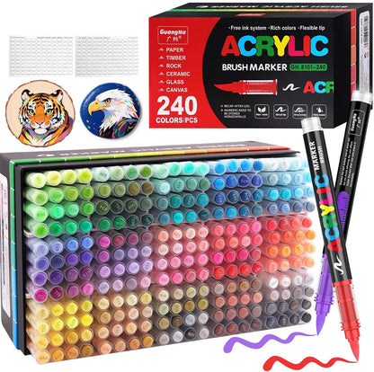 Acrylic Paint Brush Marker Pens (Guangna) 240 Colors Set, Ideal for Rock Painting, Canvas, Wood, Stone, Egg and DIY Crafts