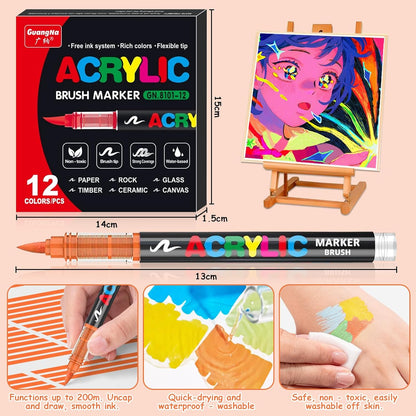 Acrylic Paint Brush Marker Pens (Guangna) 12 Colors Set, Ideal for Rock Painting, Canvas, Wood, Stone, Egg and DIY Crafts