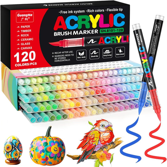 Acrylic Paint Brush Marker Pens (Guangna) 120 Colors Set, Ideal for Rock Painting, Canvas, Wood, Stone, Egg and DIY Crafts