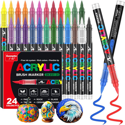 Acrylic Paint Brush Marker Pens (Guangna) 24 Colors Set, Ideal for Rock Painting, Canvas, Wood, Stone, Egg and DIY Crafts
