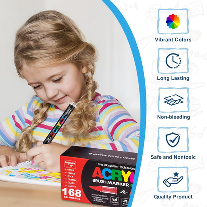 Acrylic Paint Brush Marker Pens (Guangna) 168 Colors Set, Ideal for Rock Painting, Canvas, Wood, Stone, Egg and DIY Crafts