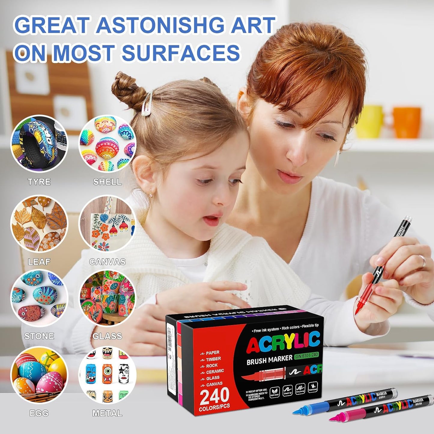 Acrylic Paint Brush Marker Pens (Guangna) 240 Colors Set, Ideal for Rock Painting, Canvas, Wood, Stone, Egg and DIY Crafts
