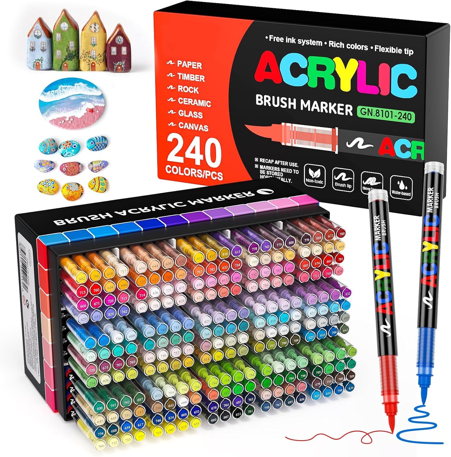 Acrylic Paint Brush Marker Pens (Guangna) 240 Colors Set, Ideal for Rock Painting, Canvas, Wood, Stone, Egg and DIY Crafts