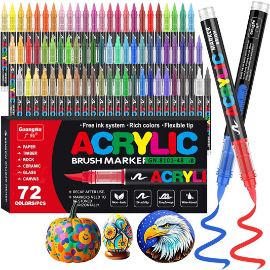 Acrylic Paint Brush Marker Pens (Guangna) 72 Colors Set, Ideal for Rock Painting, Canvas, Wood, Stone, Egg and DIY Crafts