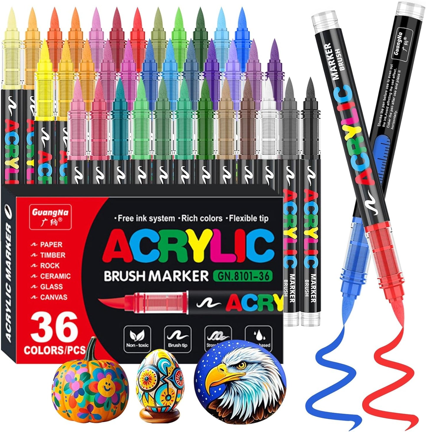 Acrylic Paint Brush Marker Pens (Guangna) 36 Colors Set, Ideal for Rock Painting, Canvas, Wood, Stone, Egg and DIY Crafts