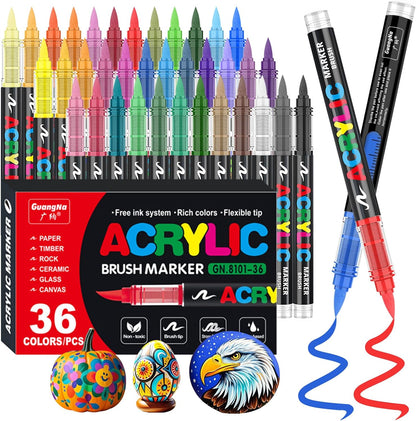 Acrylic Paint Brush Marker Pens (Guangna) 36 Colors Set, Ideal for Rock Painting, Canvas, Wood, Stone, Egg and DIY Crafts
