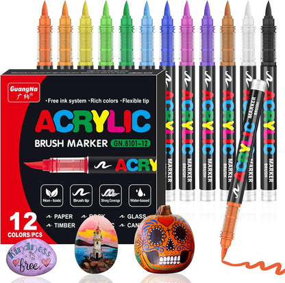 Acrylic Paint Brush Marker Pens (Guangna) 12 Colors Set, Ideal for Rock Painting, Canvas, Wood, Stone, Egg and DIY Crafts