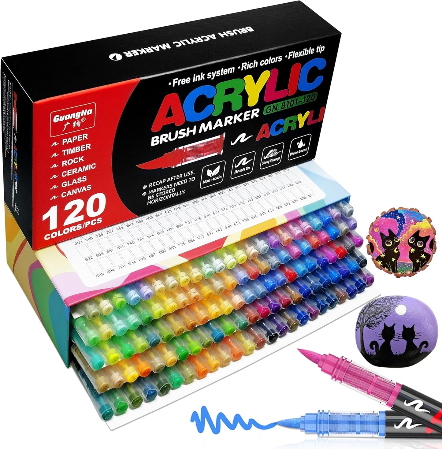 Acrylic Paint Brush Marker Pens (Guangna) 120 Colors Set, Ideal for Rock Painting, Canvas, Wood, Stone, Egg and DIY Crafts