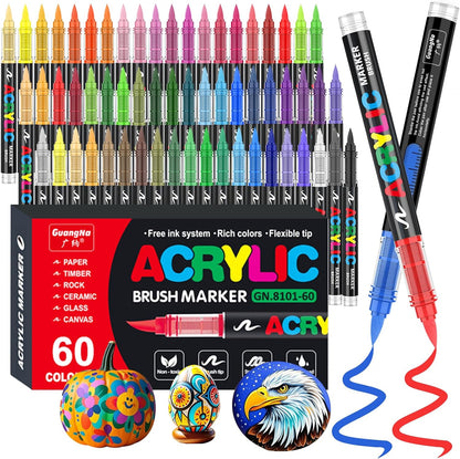 Acrylic Paint Brush Marker Pens (Guangna) 60 Colors Set, Ideal for Rock Painting, Canvas, Wood, Stone, Egg and DIY Crafts
