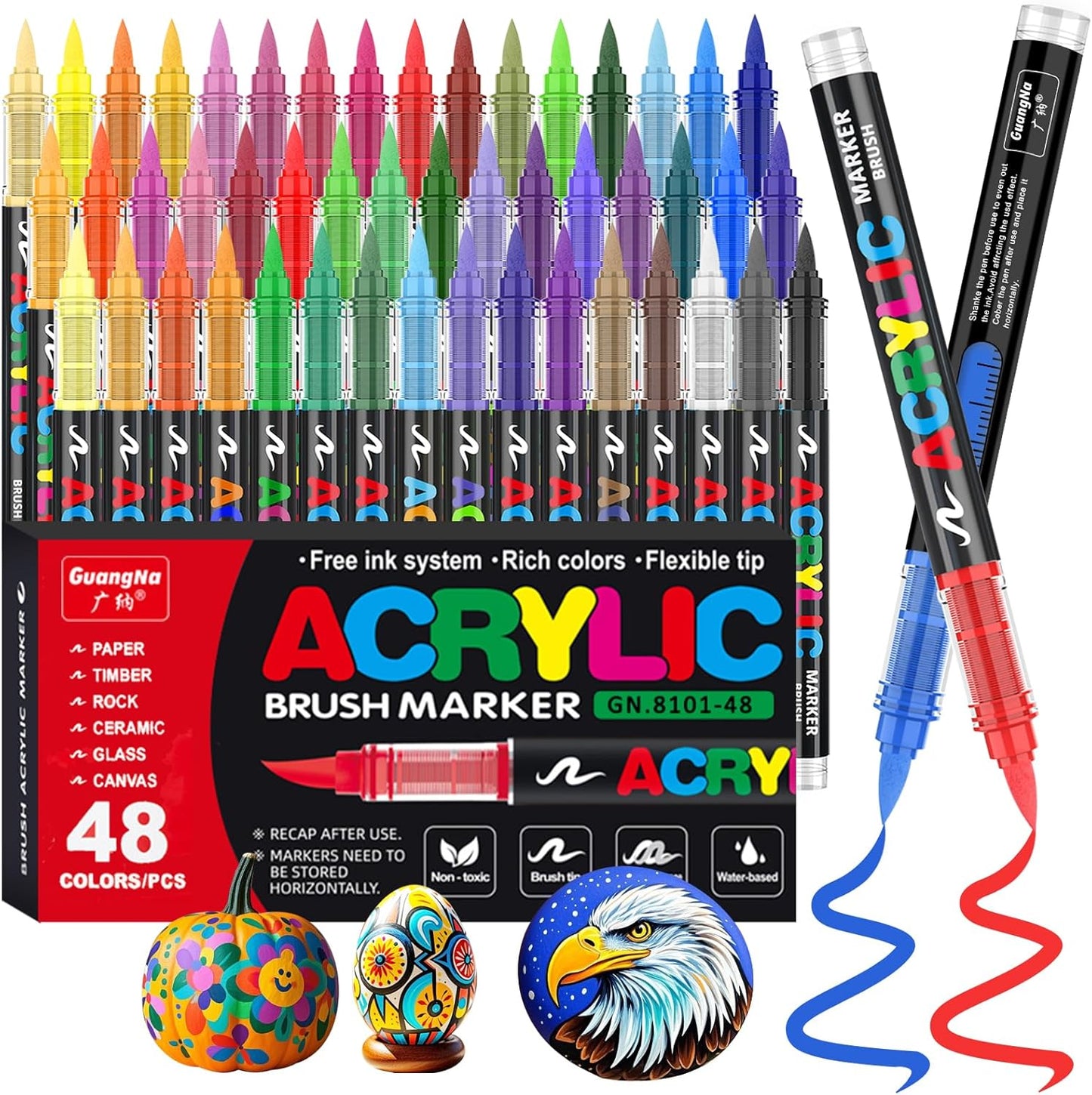 Acrylic Paint Brush Marker Pens (Guangna) 48 Colors Set, Ideal for Rock Painting, Canvas, Wood, Stone, Egg and DIY Crafts