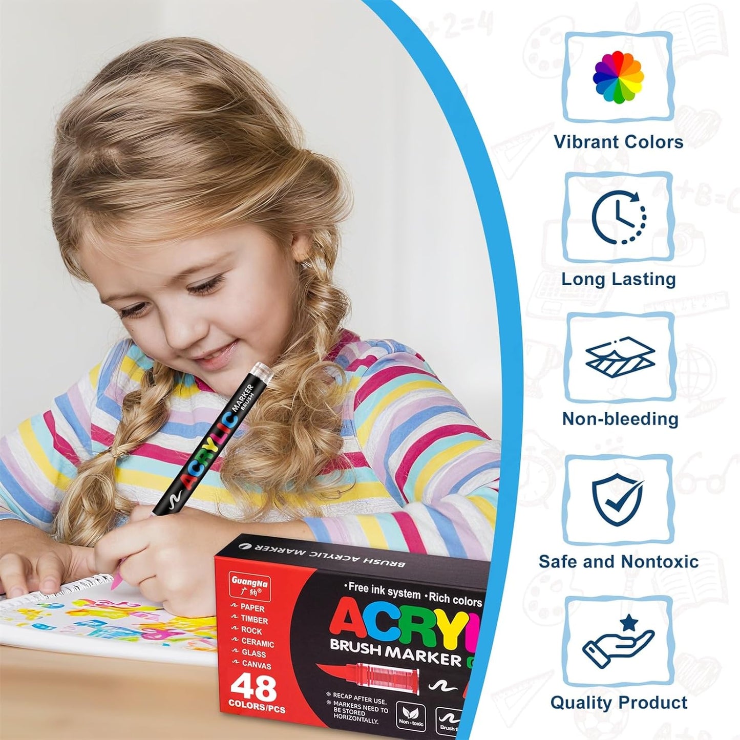 Acrylic Paint Brush Marker Pens (Guangna) 48 Colors Set, Ideal for Rock Painting, Canvas, Wood, Stone, Egg and DIY Crafts