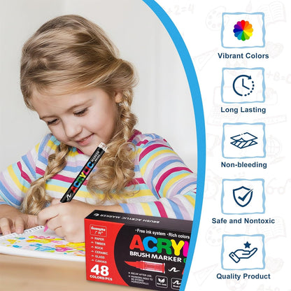 Acrylic Paint Brush Marker Pens (Guangna) 48 Colors Set, Ideal for Rock Painting, Canvas, Wood, Stone, Egg and DIY Crafts