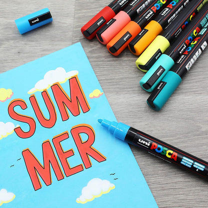 Posca PC-5M Water Based Permanent Marker Paint Art Pens - 1.8-2.5mm – Full Spectrum Set of 16 - in Plastic Gift Wallet - Ideal for Rock Painting, Canvas, Glass, Wood, Metal, Fabric, Colouring, Arts and Crafts