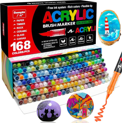 Acrylic Paint Brush Marker Pens (Guangna) 168 Colors Set, Ideal for Rock Painting, Canvas, Wood, Stone, Egg and DIY Crafts