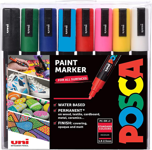 Posca PC-5M Marker Pens Starter Set 8 Pack - Ideal for Rock Painting, Canvas, Glass, Wood, Metal, Fabric, Colouring, Arts and Crafts